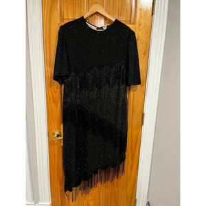 Scala Plus Size 1X Black Beaded Cocktail Sequin Fringe Party Dress Flapper Style